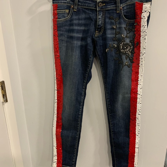 Italian Vibrant Red and White Skinny Beaded Jeans Sequence Side Accents - Picture 3 of 16
